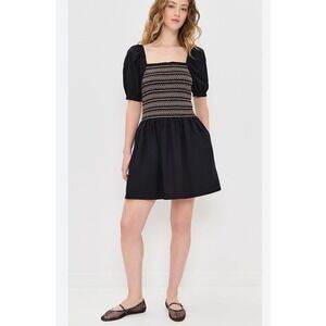 Madewell Poplin Puff Sleeve Mini Dress Womens Large Black Smocked Cottagecore